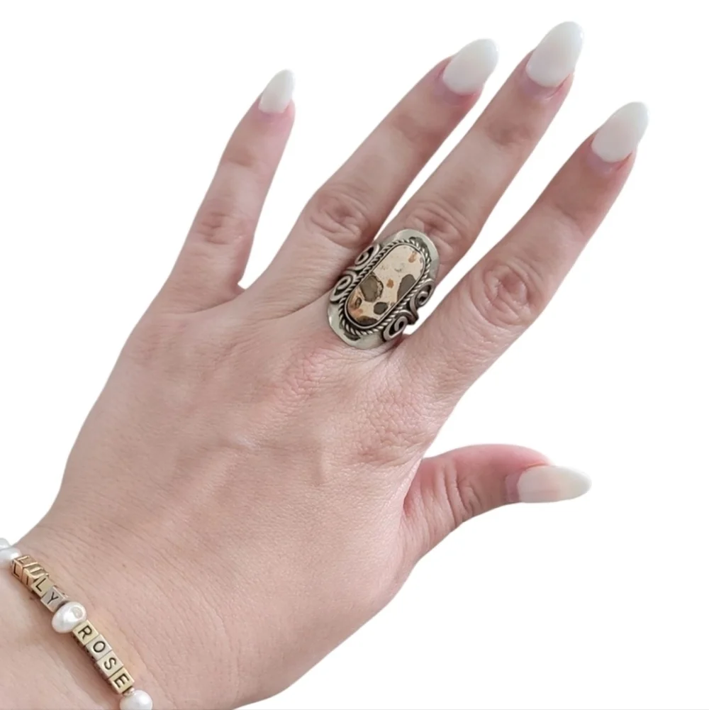 Artisan Silver & Earth-Tone Swirl Statement Ring Adjustable Boho-Luxe Band - Picture 9 of 10